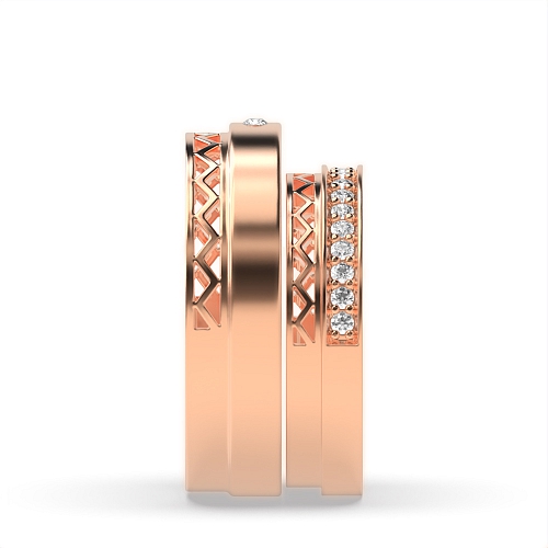 Pave Setting Round Rose Gold wavy Couples Engagement Rings