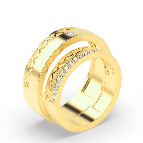 Pave Setting Round Yellow Gold wavy Couples Engagement Rings