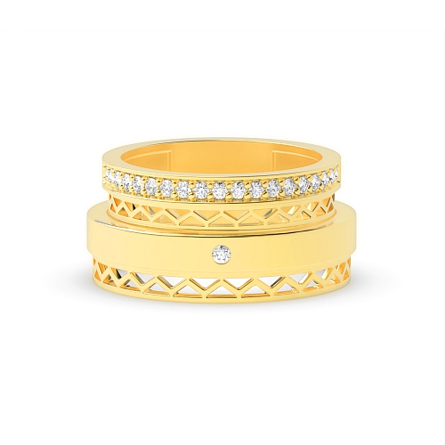 Pave Setting Round Yellow Gold wavy Couples Engagement Rings