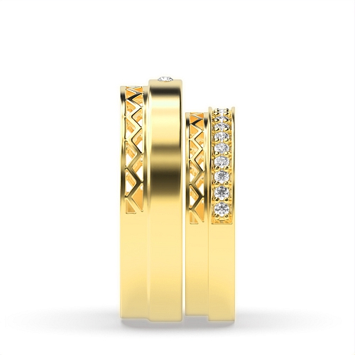 Pave Setting Round Yellow Gold wavy Couples Engagement Rings