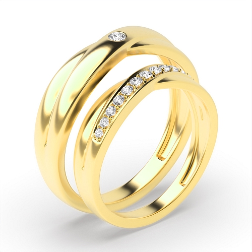 Pave Setting Round Yellow Gold Couple band crossover Couples Engagement Rings
