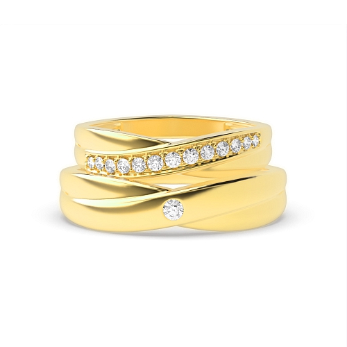 Pave Setting Round Yellow Gold Couple band crossover Couples Engagement Rings