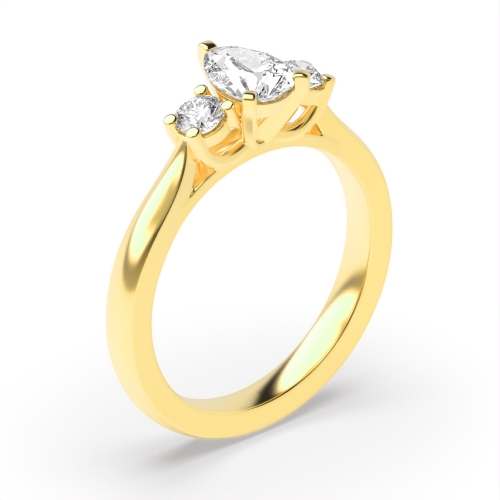 3 Prong Round/Pear Yellow Gold Unique Trilogy Diamond Rings