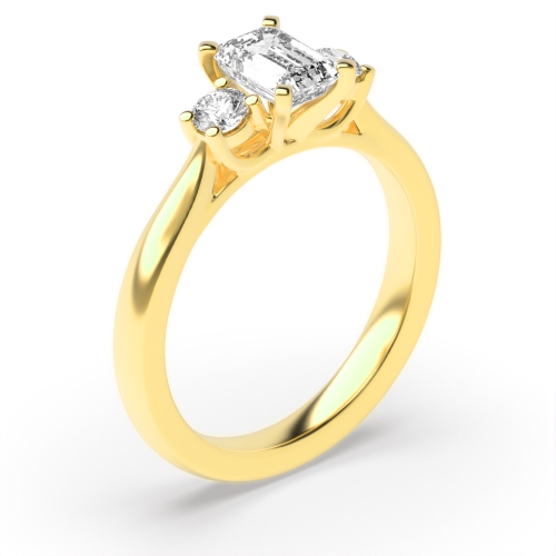 6 Prong Emerald/Round Yellow Gold Trilogy Diamond Rings