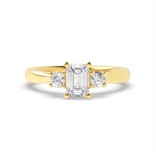 6 Prong Emerald/Round Yellow Gold Trilogy Diamond Rings