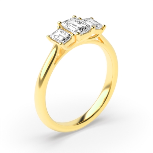 4 Prong Emerald Yellow Gold Unique Trilogy Diamond Rings