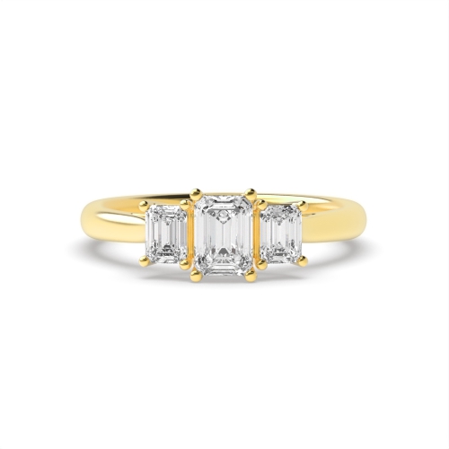 4 Prong Emerald Yellow Gold Unique Trilogy Diamond Rings