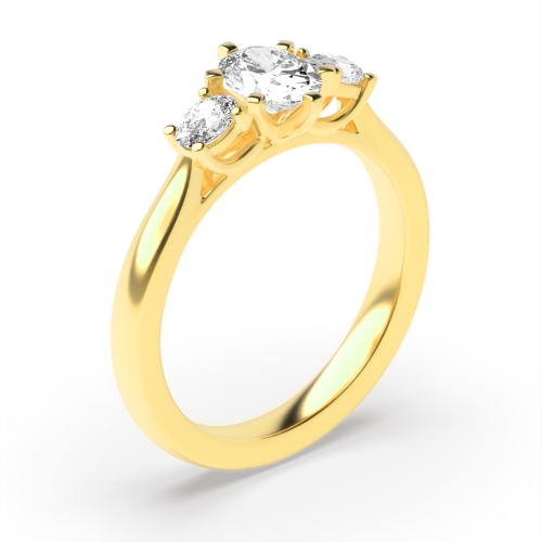 6 Prong Oval Yellow Gold Unique Trilogy Diamond Rings