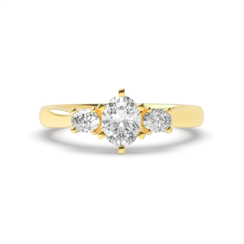 6 Prong Oval Yellow Gold Unique Trilogy Diamond Rings