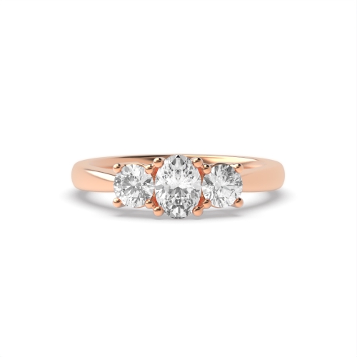 4 Prong Oval/Round Rose Gold Triad multishape Trilogy Engagement Rings