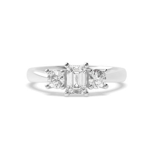 4 Prong Emerald/Round Lab Grown Diamond Trilogy Engagement Rings