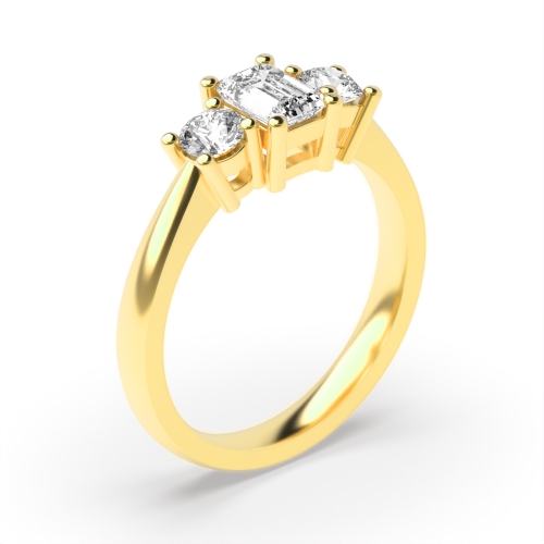 4 Prong Emerald/Round Yellow Gold Trilogy Engagement Rings