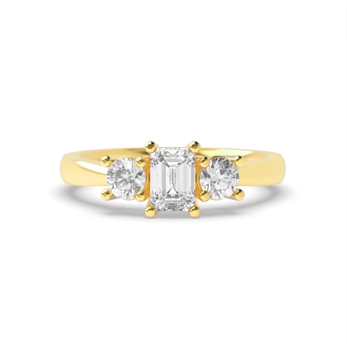 4 Prong Emerald/Round Yellow Gold Trilogy Engagement Rings