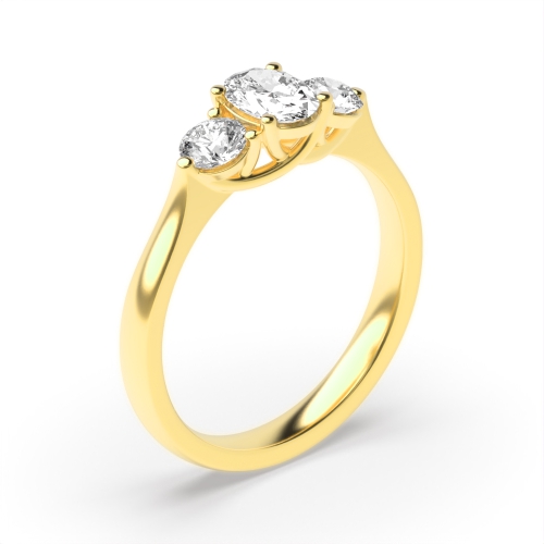 4 Prong Oval/Round Yellow Gold Trilogy Diamond Rings