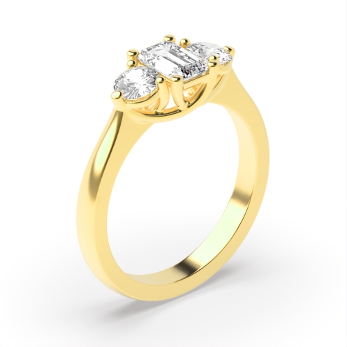 4 Prong Emerald/Round Yellow Gold Trilogy Diamond Rings