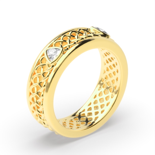 Bezel Setting Trillion Yellow Gold Lattice Band Diamond Rings