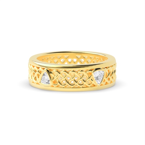 Bezel Setting Trillion Yellow Gold Lattice Band Diamond Rings