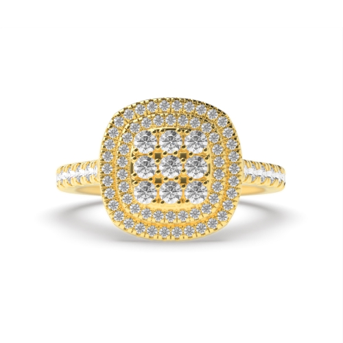 4 Prong Round Yellow Gold Cushion shaped halo cluster Halo Engagement Rings