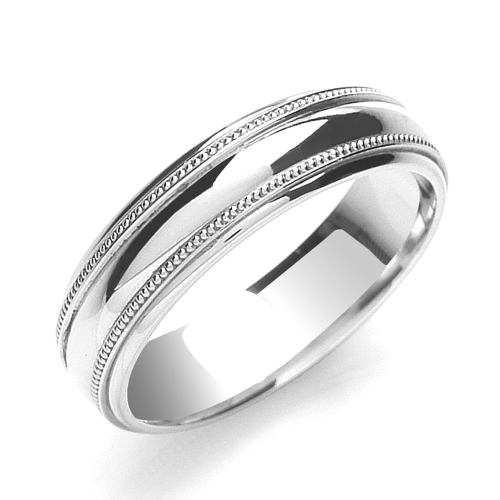 White Gold Mill grain edges court profile Women's Plain Wedding Rings & Bands