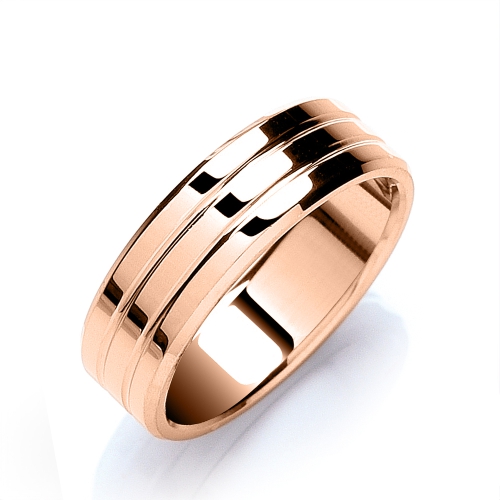 Rose Gold Flat court bevelled edge and grooves profile Plain Ring Wedding Rings & Bands