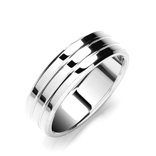 White Gold Flat court bevelled edge and grooves profile Women's Plain Wedding Rings & Bands