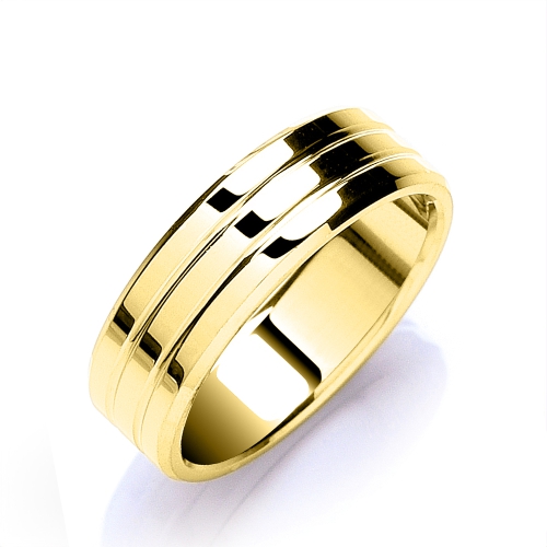 Yellow Gold Flat court bevelled edge and grooves profile Plain Ring Wedding Rings & Bands