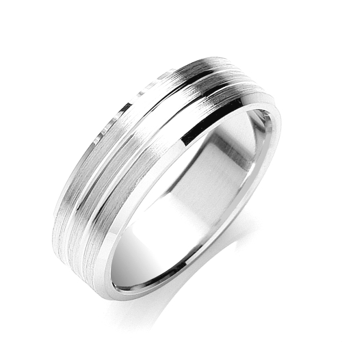 White Gold Flat court bevelled edge matt grooves Women's Plain Wedding Rings & Bands