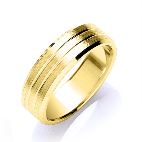 Yellow Gold Flat court bevelled edge matt grooves Plain Ring Wedding Rings & Bands