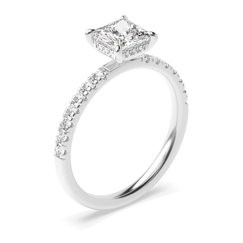 4 Prong Princess Side stone Hidden Halo Engagement Ring