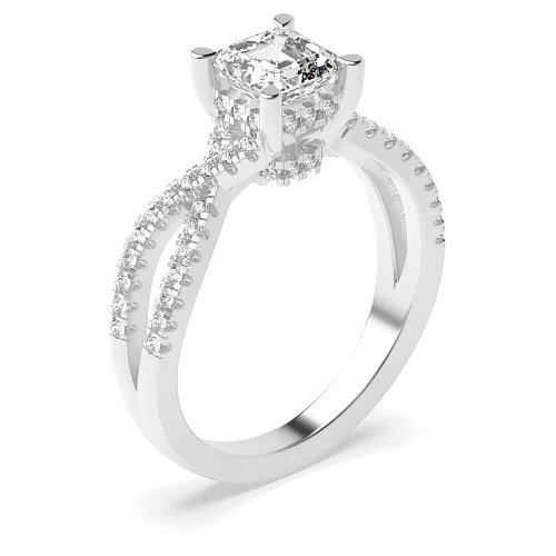 4 Prong Asscher hidden halo crossed shoulder Engagement Rings