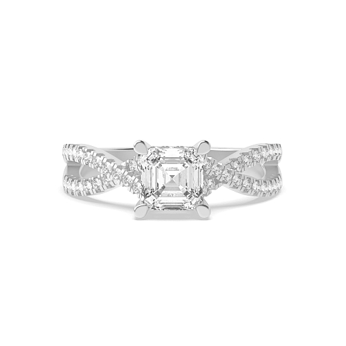 4 Prong Asscher hidden halo crossed shoulder Engagement Rings