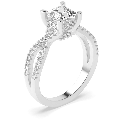 4 Prong Princess hidden halo crossed shoulder Engagement Rings