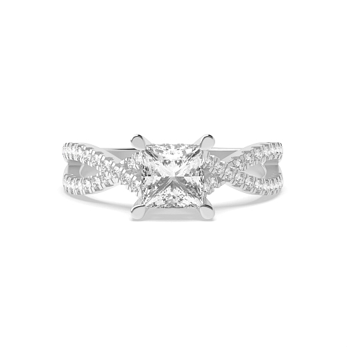 4 Prong Princess hidden halo crossed shoulder Engagement Rings