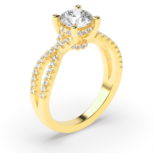 4 Prong Yellow Gold hidden halo crossed shoulder Engagement Rings
