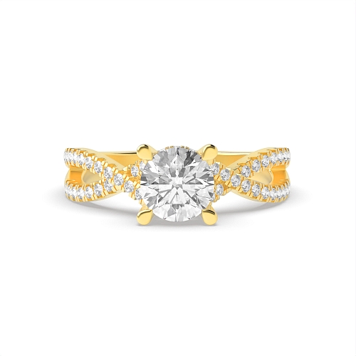 4 Prong Yellow Gold hidden halo crossed shoulder Engagement Rings