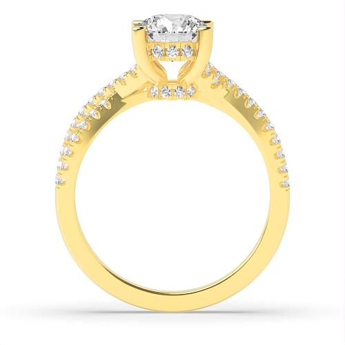 4 Prong Yellow Gold hidden halo crossed shoulder Engagement Rings