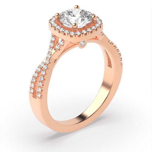 4 Prong Round Rose Gold Crossover shoulder Halo Engagement Rings