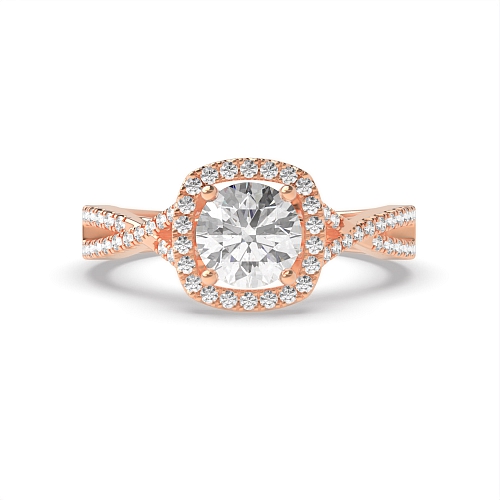 4 Prong Round Rose Gold Crossover shoulder Halo Engagement Rings