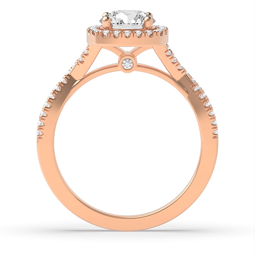 4 Prong Round Rose Gold Crossover shoulder Halo Engagement Rings