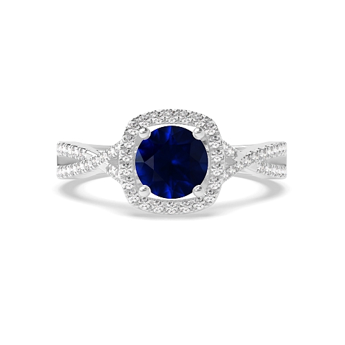 4 Prong Round Crossover shoulder Blue Sapphire Engagement Rings